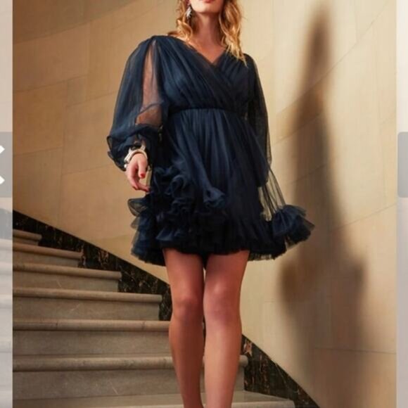 NWT Trina Turk Moonstruck Blue Balloon Long Sleeve Dainty Tulle Mini Dress Sz 6 - Picture 2 of 12